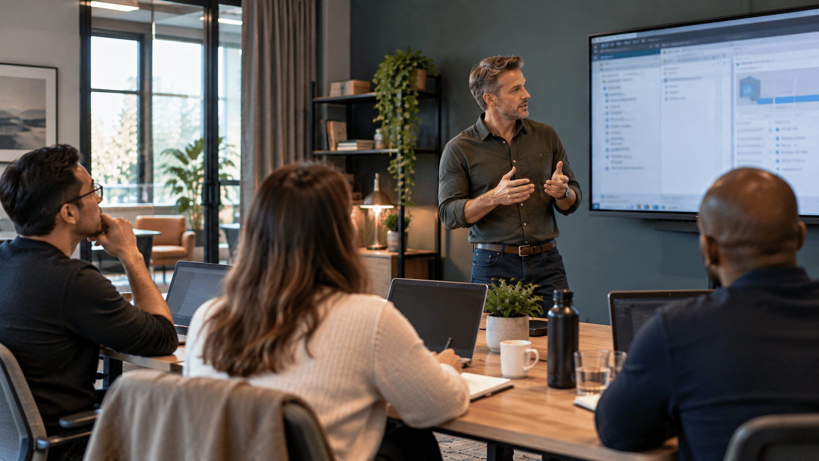 Trainer geeft een VMware-training aan drie deelnemers in een moderne trainingsruimte met laptops en een onscherp softwarescherm.