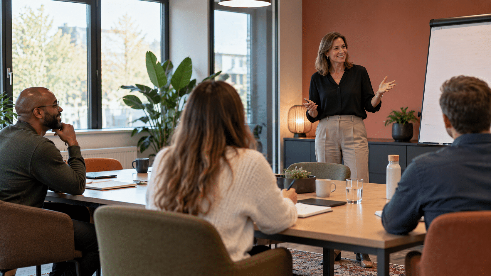 Trainer geeft een Agile United CPAT-training aan drie deelnemers in een rustige, moderne trainingsruimte.