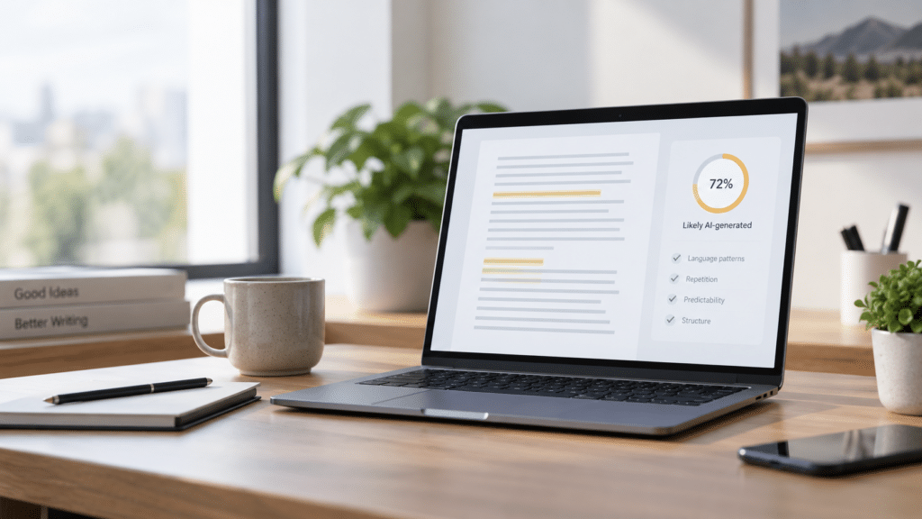 AI-detector op een laptopscherm die een tekst analyseert en aangeeft hoe waarschijnlijk het is dat deze door AI is geschreven.