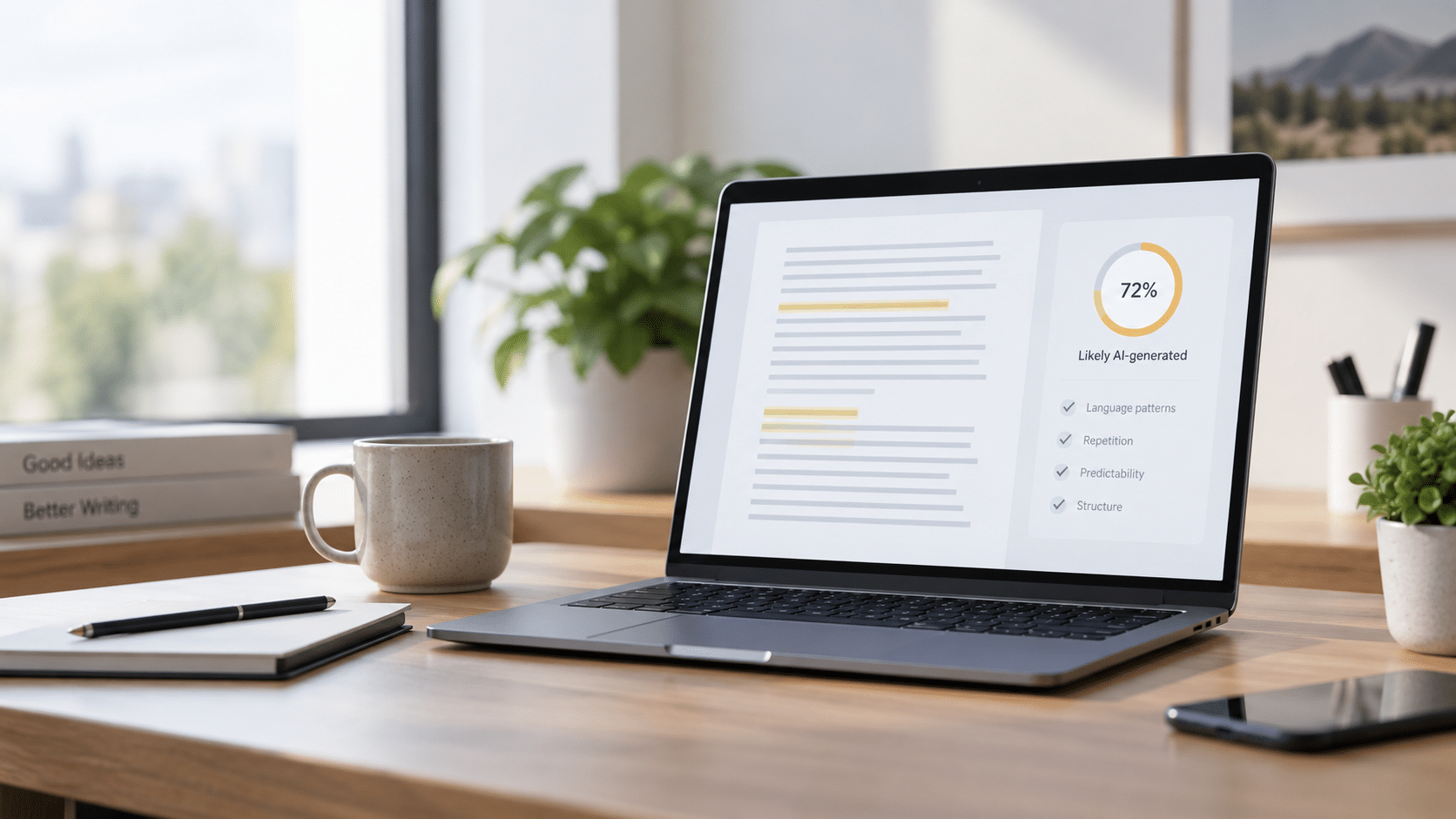 AI-detector op een laptopscherm die een tekst analyseert en aangeeft hoe waarschijnlijk het is dat deze door AI is geschreven.