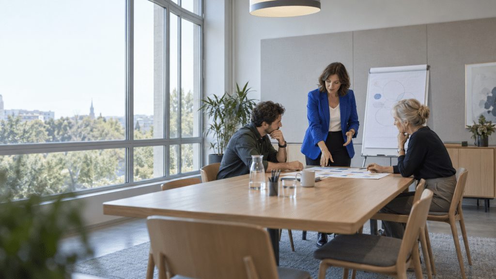 Drie collega's overleggen aan een vergadertafel in een trainingsruimte, met een staande collega bij een flip-over.