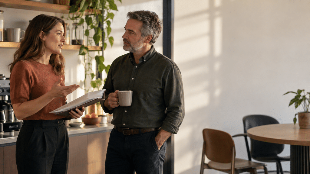 Twee collega's in gesprek in een koffiehoek, een van hen houdt een geprinte folder vast.