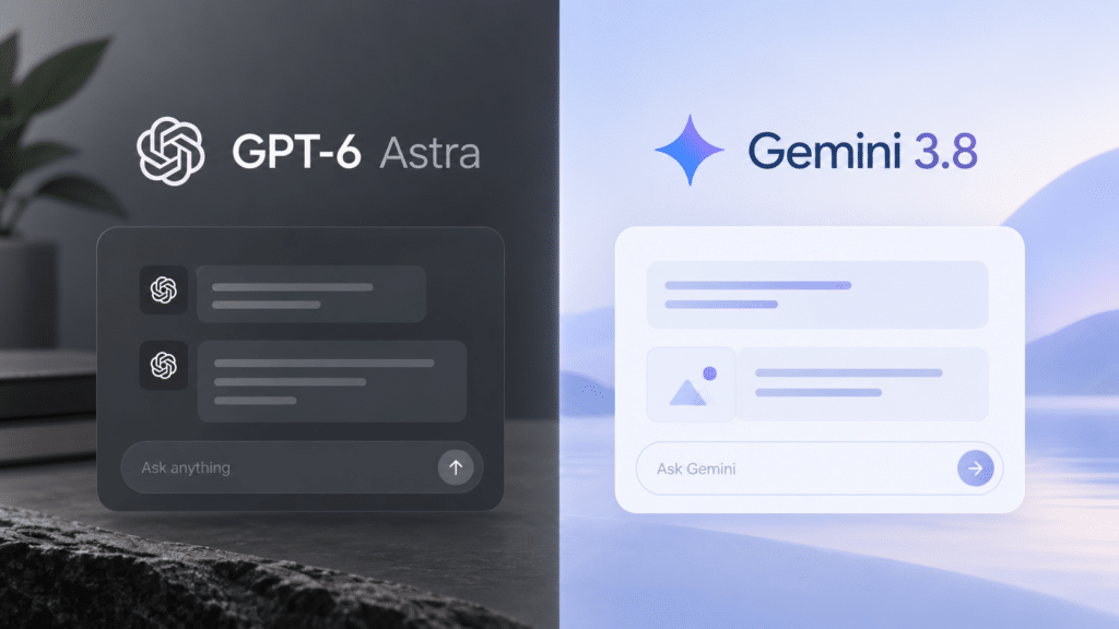 GPT-6 Astra en Gemini 3.8 naast elkaar in een rustige splitscreenvergelijking met de herkenbare stijl van OpenAI en Google Gemini.