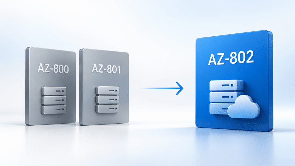 AZ-800 en AZ-801 met een pijl naar AZ-802, weergegeven met server- en cloudiconen op een rustige blauwe achtergrond.