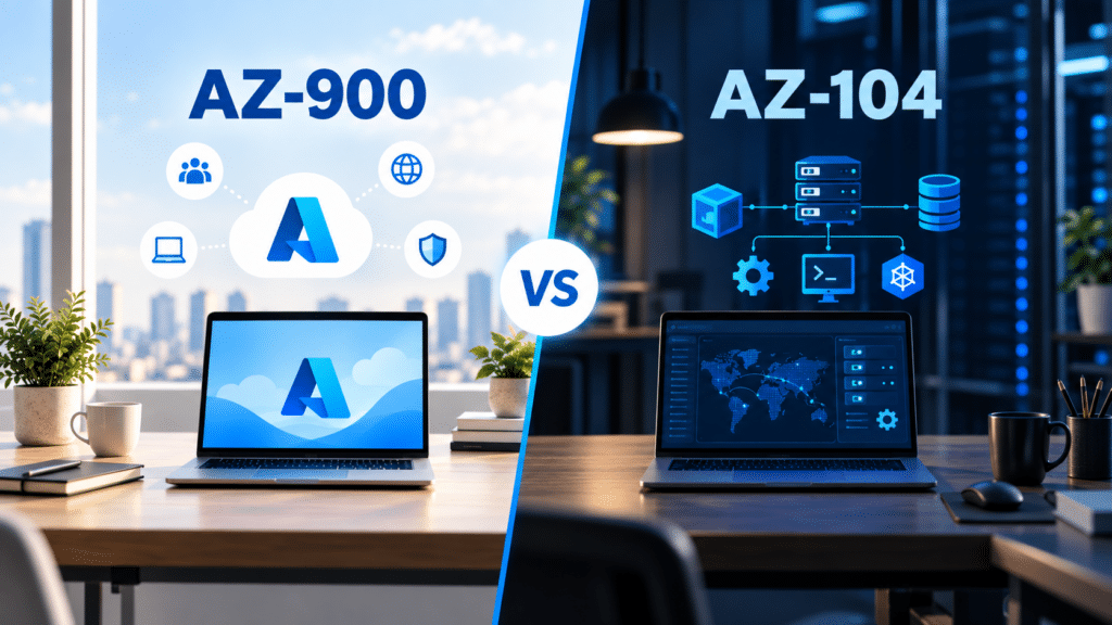Split-screen afbeelding met AZ-900 en AZ-104, waarbij AZ-900 cloudfundamentals toont en AZ-104 geavanceerd Azure-beheer en infrastructuur.
