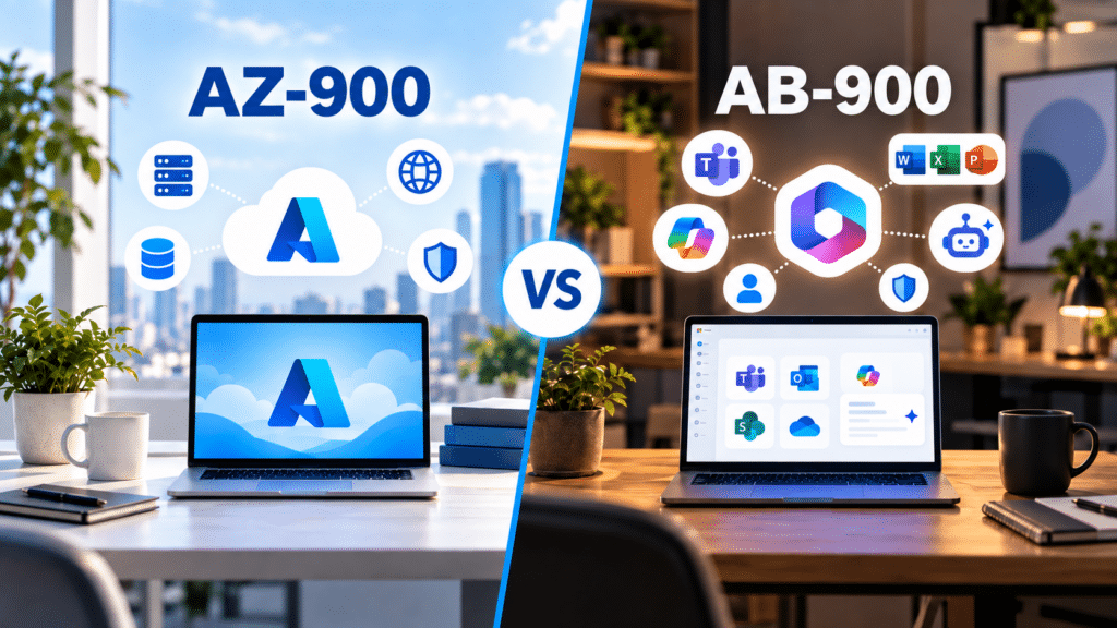 Split-screen headerafbeelding van AZ-900 versus AB-900, met Azure-cloudtechnologie links en Microsoft 365 en AI-toepassingen rechts.