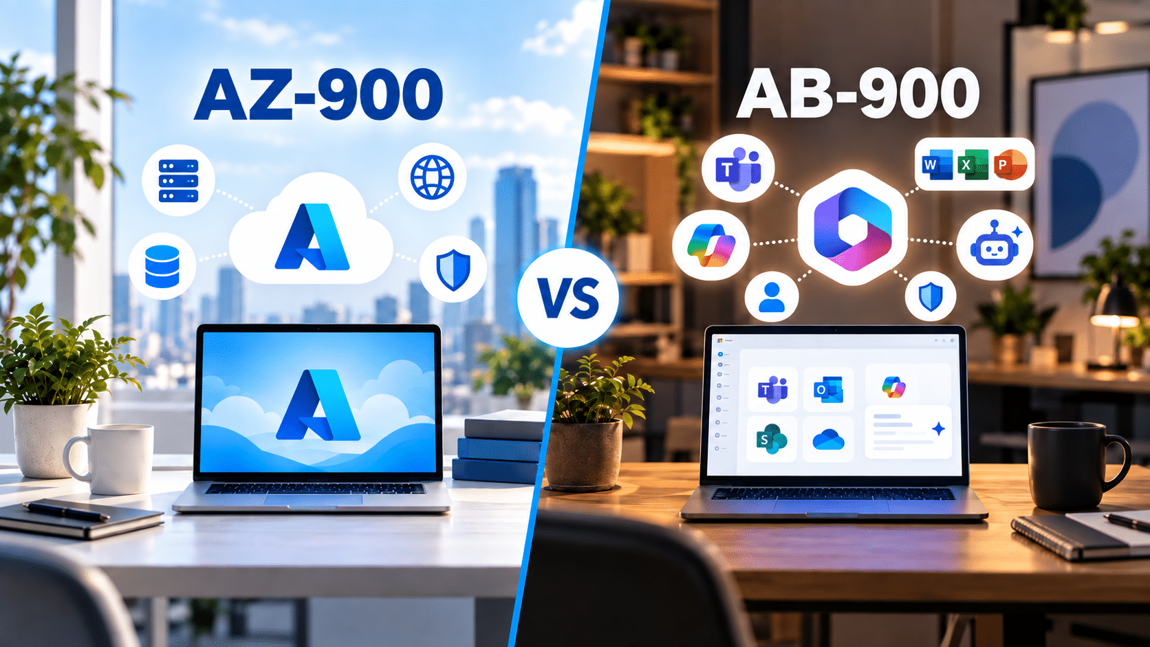 Split-screen headerafbeelding van AZ-900 versus AB-900, met Azure-cloudtechnologie links en Microsoft 365 en AI-toepassingen rechts.