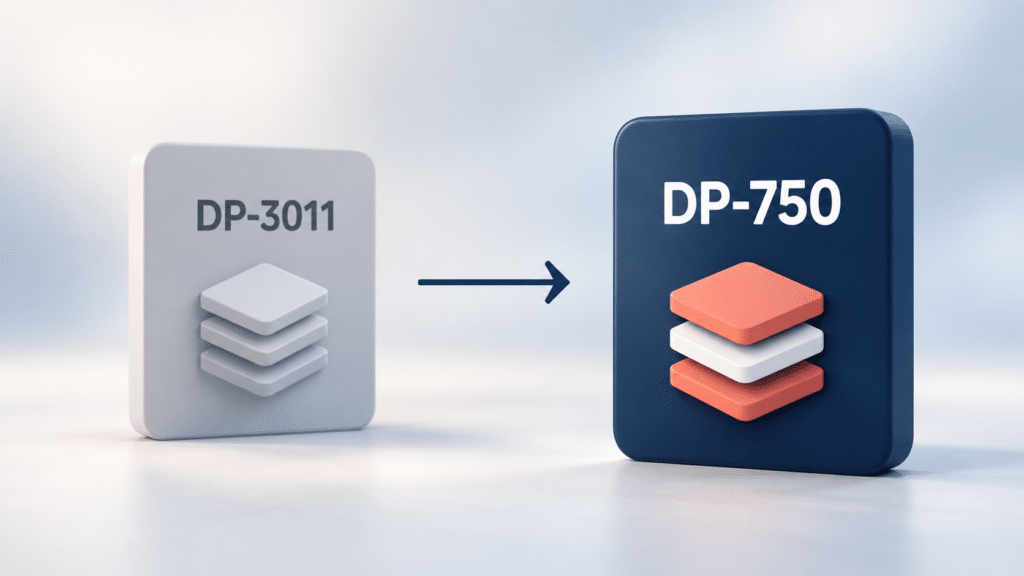 Grijs DP-3011-paneel met een pijl naar een blauw DP-750-paneel, beide voorzien van gestapelde datalagen.