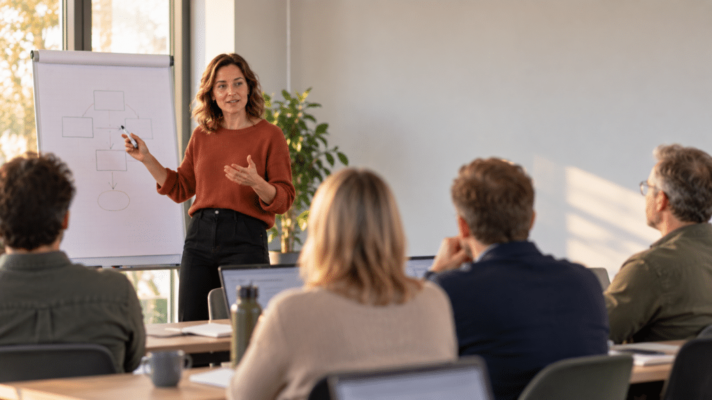 Vrouwelijke trainer legt bij een flip-over iets uit aan een groep cursisten in een lichte trainingsruimte.