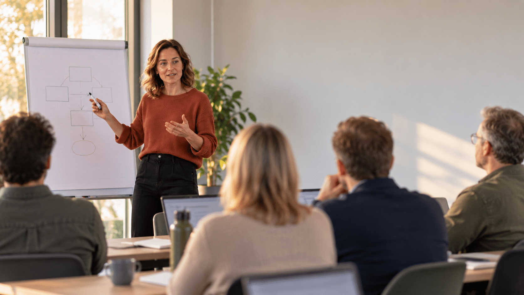 Vrouwelijke trainer legt bij een flip-over iets uit aan een groep cursisten in een lichte trainingsruimte.
