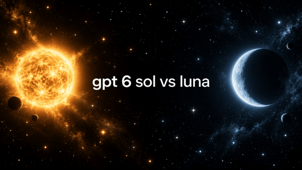 GPT-6 Sol versus Luna met een gloeiende zon en blauwe maan in een sterrenhemel.