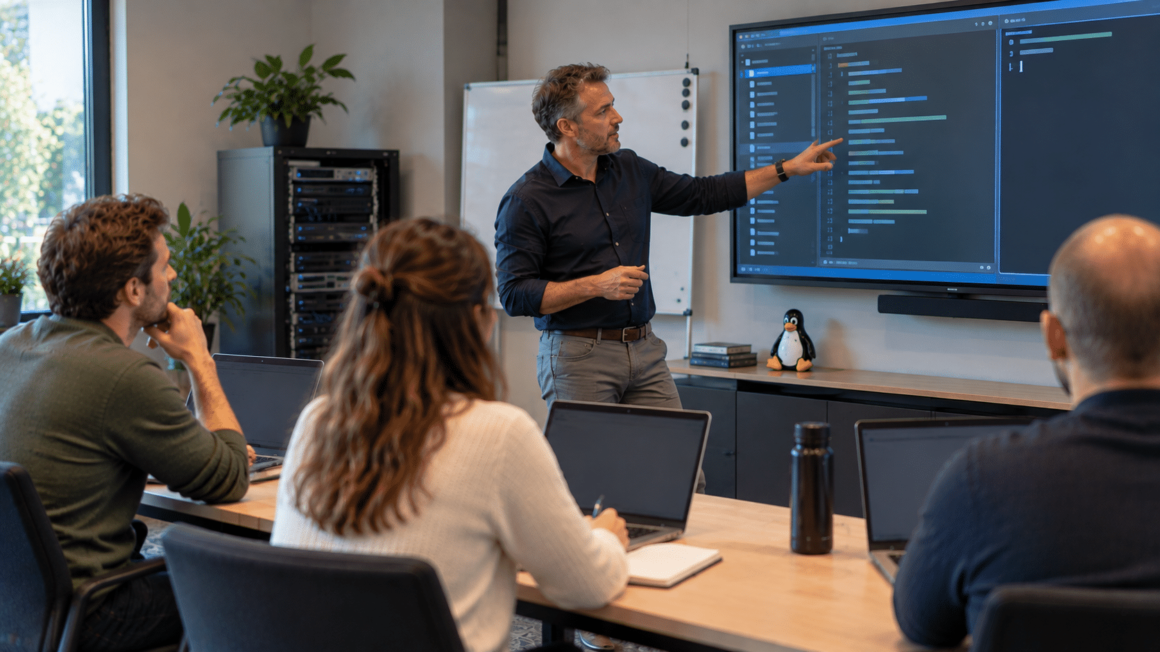 Trainer geeft een Linux-training aan drie cursisten en bespreekt een technische omgeving op een groot scherm.