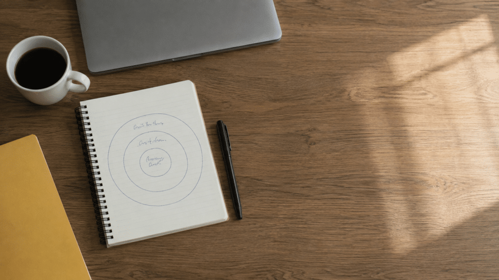 Bureau van bovenaf met een notitieboek waarin drie in elkaar geschreven cirkels zijn getekend, naast een pen en een kop koffie.