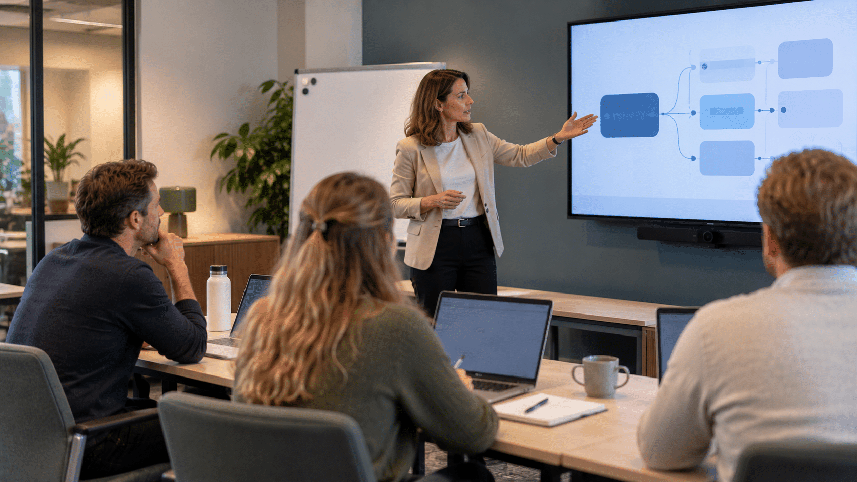 Trainer geeft een Linux-training aan drie cursisten en bespreekt een technische interface op een groot scherm.