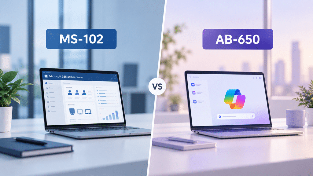 Split-screen met MS-102 en AB-650, waarbij Microsoft 365-beheer wordt vergeleken met de nieuwe AI- en Copilotgerichte training.