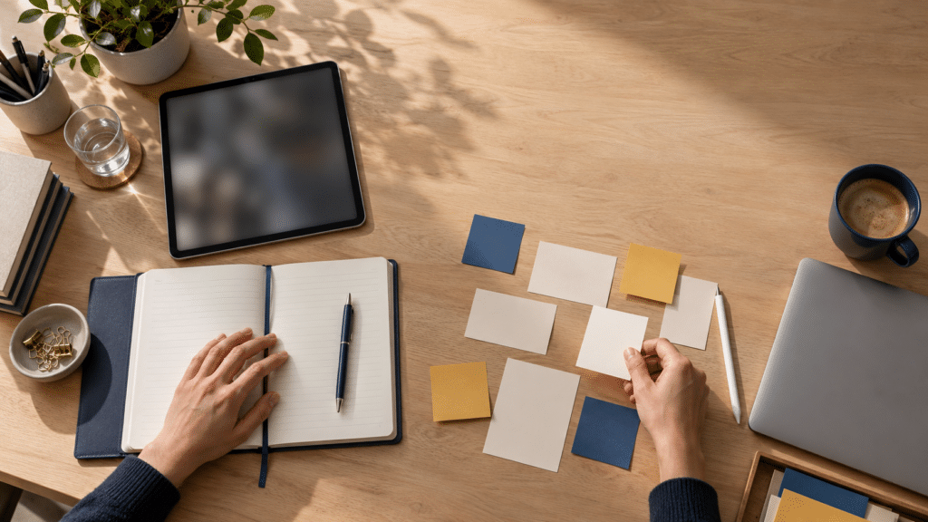 Werktafel met twee verschillende werkwijzen die de keuze tussen Microsoft 365 Copilot beheren en agents bouwen verbeelden.
