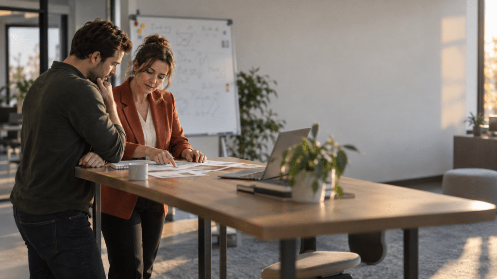 Trainer bespreekt met een cursist de overgang naar nieuw Microsoft 365- en AI-beheer tijdens een training.