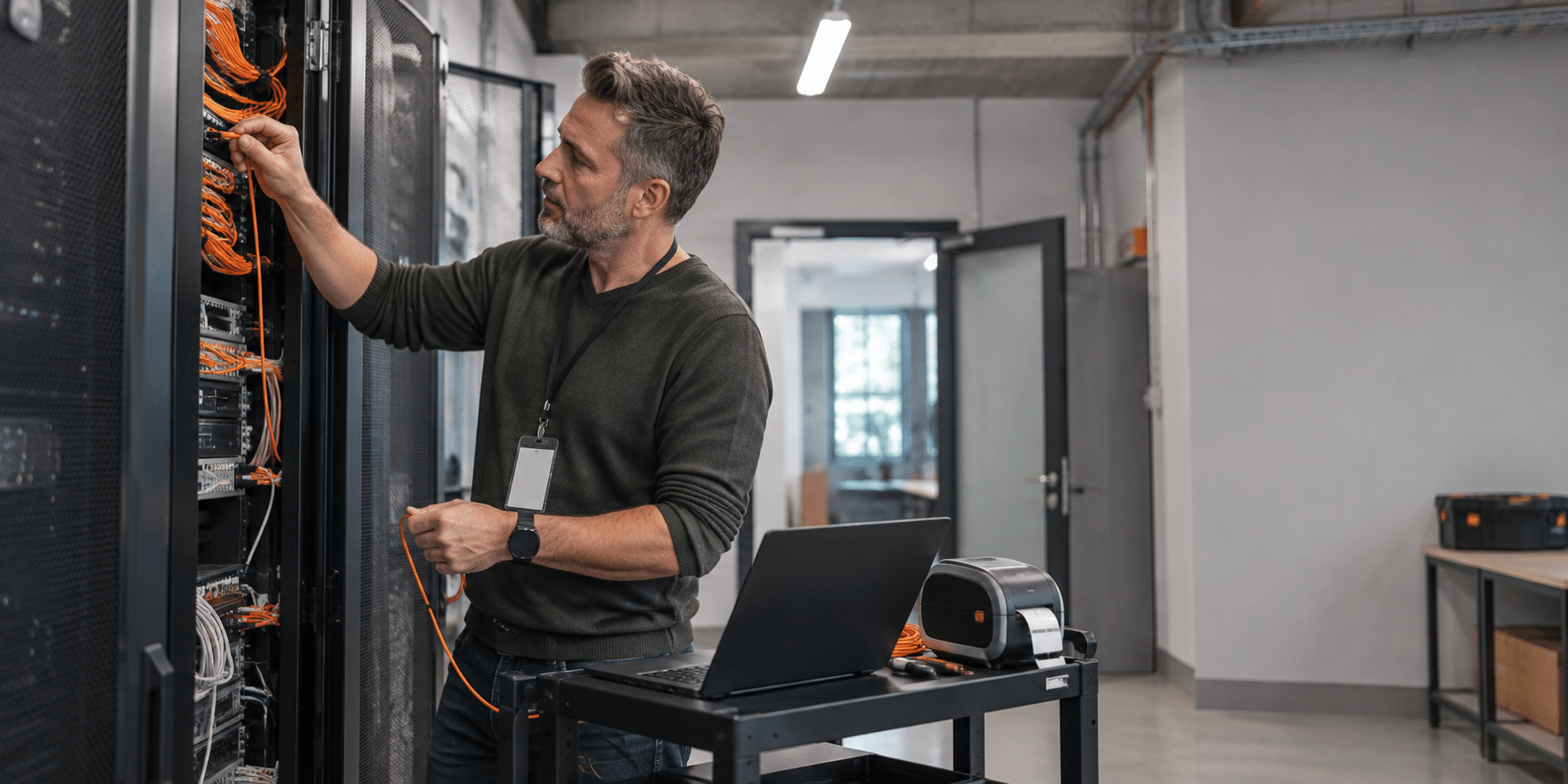 IT-beheerder sluit een patchkabel aan in een netwerkkast met een laptop op een karretje naast zich.