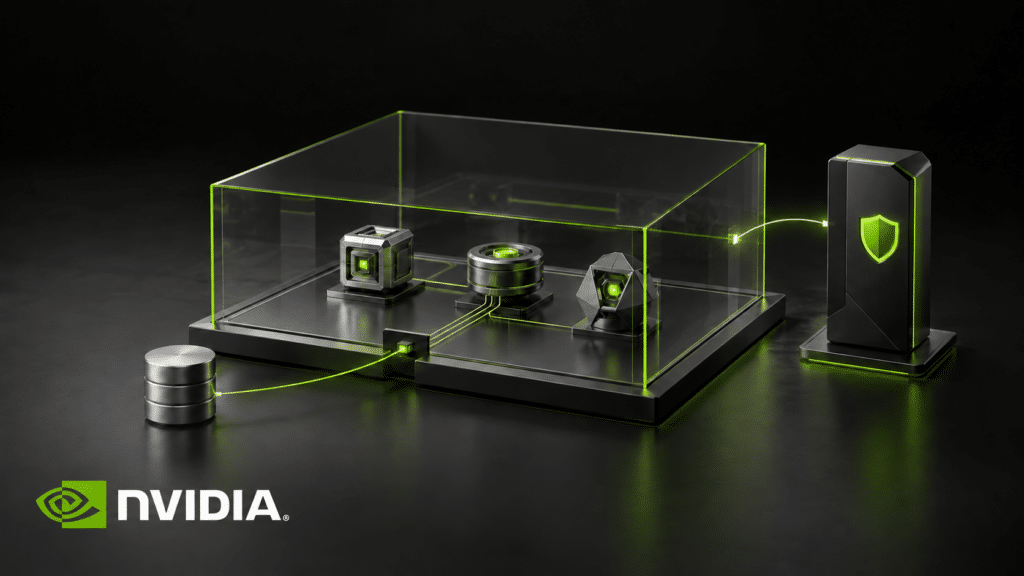 AI-agents in een afgeschermde omgeving met groene verbindingen, een beveiligingsschild en het NVIDIA-logo linksonder.
