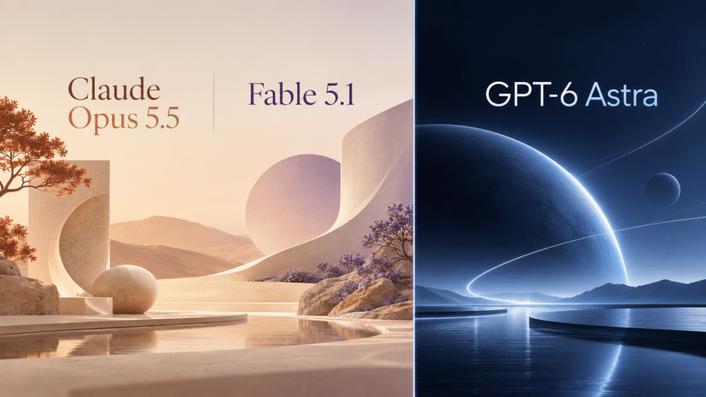 Claude Opus 5.5 en Fable 5.1 tegenover GPT-6 Astra in een rustige split-screen vergelijking.