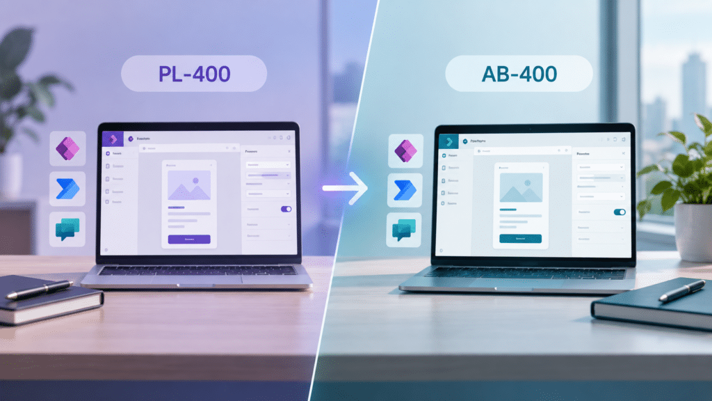 Split-screen headerafbeelding van de overgang van PL-400 naar AB-400, met links een laptop in paarse tinten en rechts een laptop in blauwe tinten, beide met Power Platform-achtige interfaces en pictogrammen, verbonden door een pijl die de verandering aangeeft.