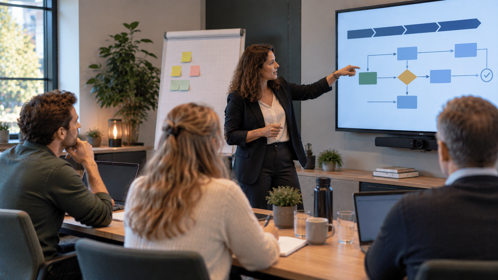 Trainer geeft een TMAP-training aan drie cursisten en bespreekt een testproces aan de hand van een schema op het scherm.