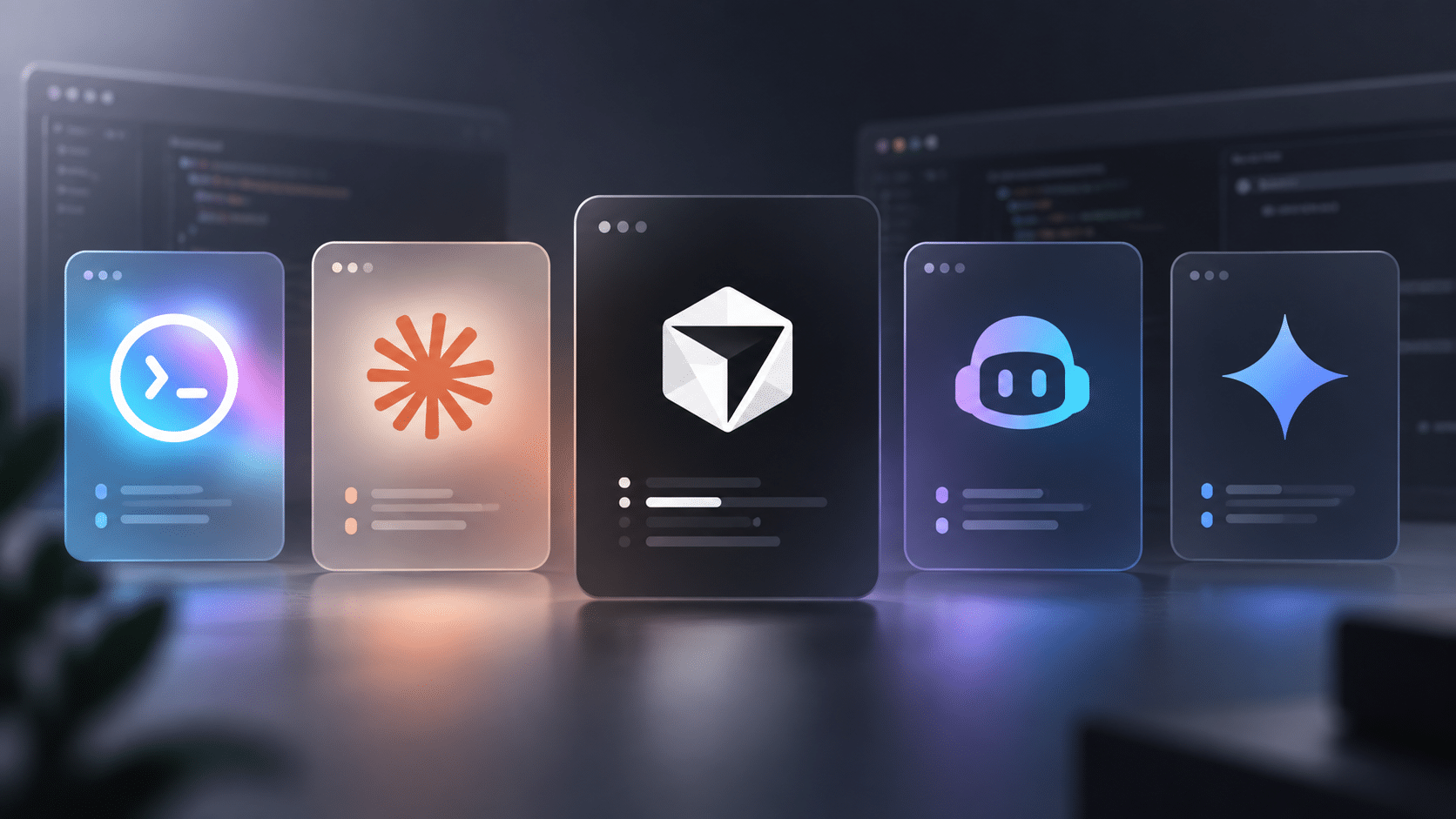 Donkere headerafbeelding met vijf AI-codeertools in strakke kaarten, waaronder Codex, Claude Code, Cursor, Copilot en Gemini, tegen een subtiele programmeeromgeving.