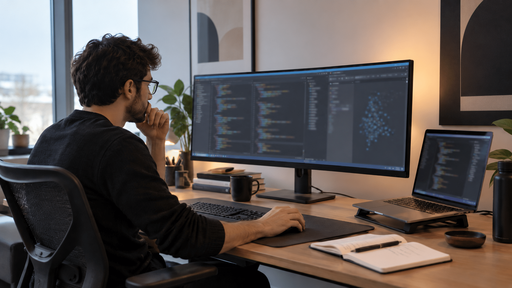 Professionele vibe coder werkt op een rustig kantoor met een ultrawide beeldscherm en MacBook.