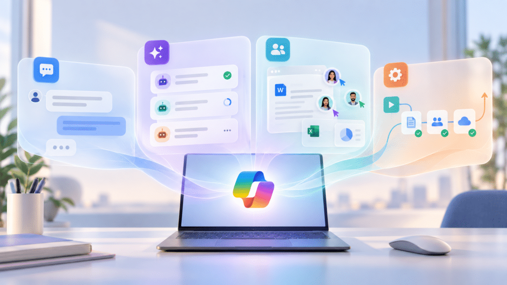 Microsoft Copilot in 2026 met Chat, AI-agents, Cowork en Autopilot als vier verbonden onderdelen binnen één digitale werkomgeving.