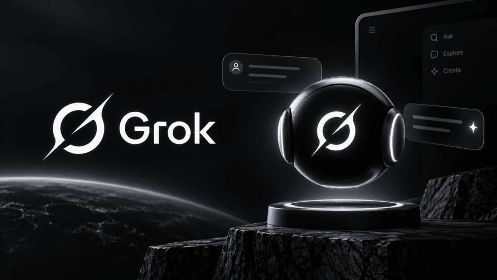Grok Bot met het Grok-logo in een donkere, futuristische AI-omgeving met chatvensters en interface-elementen.