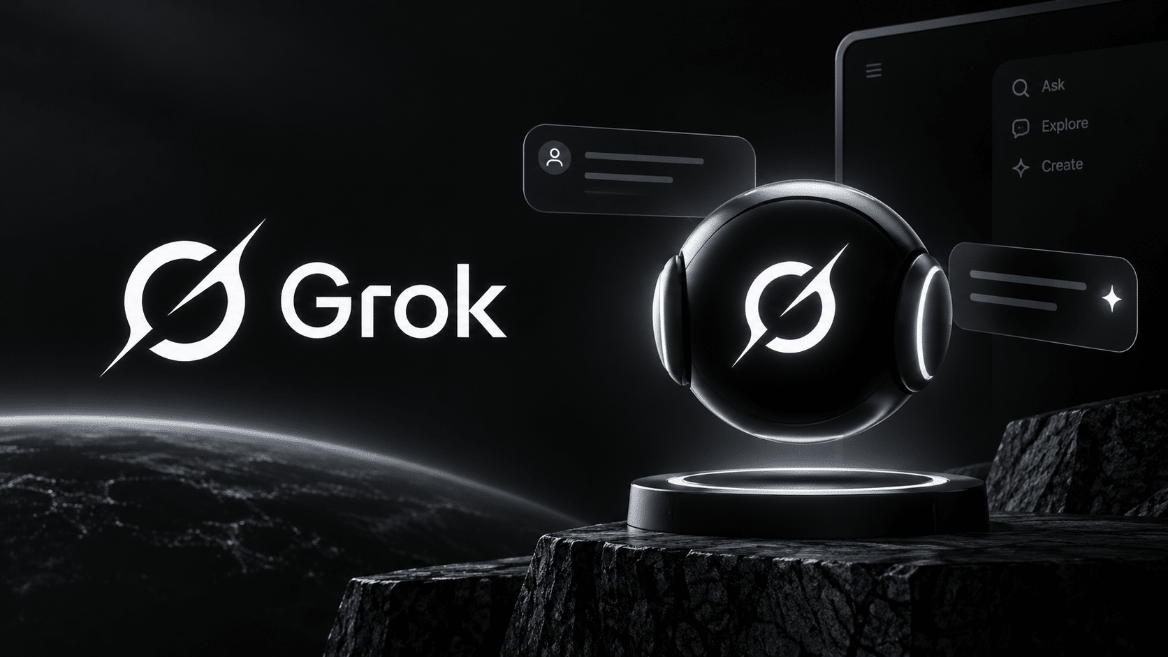 Grok Bot met het Grok-logo in een donkere, futuristische AI-omgeving met chatvensters en interface-elementen.