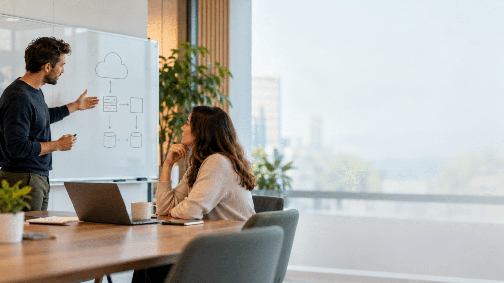 Twee collega’s bespreken in een rustige vergaderruimte een eenvoudig cloudschema op een whiteboard, met een laptop op tafel en veel lege ruimte rechts in beeld.