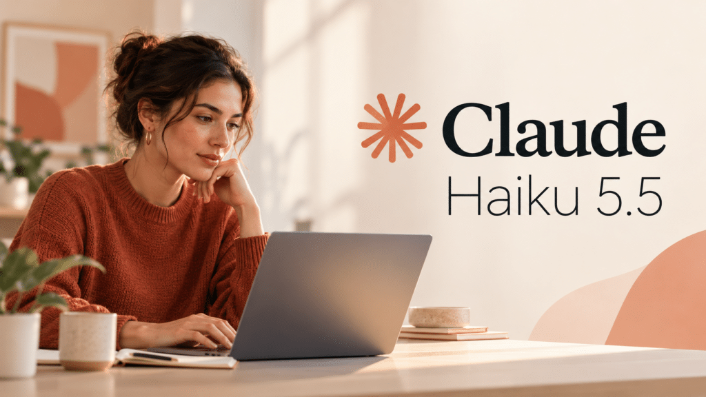 Claude Haiku 5.5-logo op een rustige beige achtergrond met abstracte vormen in warme oranje- en terracottatinten.