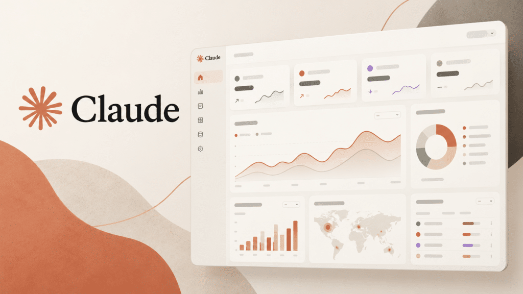 Claude Dashboards met het Claude-logo en een interactief dashboard met grafieken, statistieken en datavisualisaties.