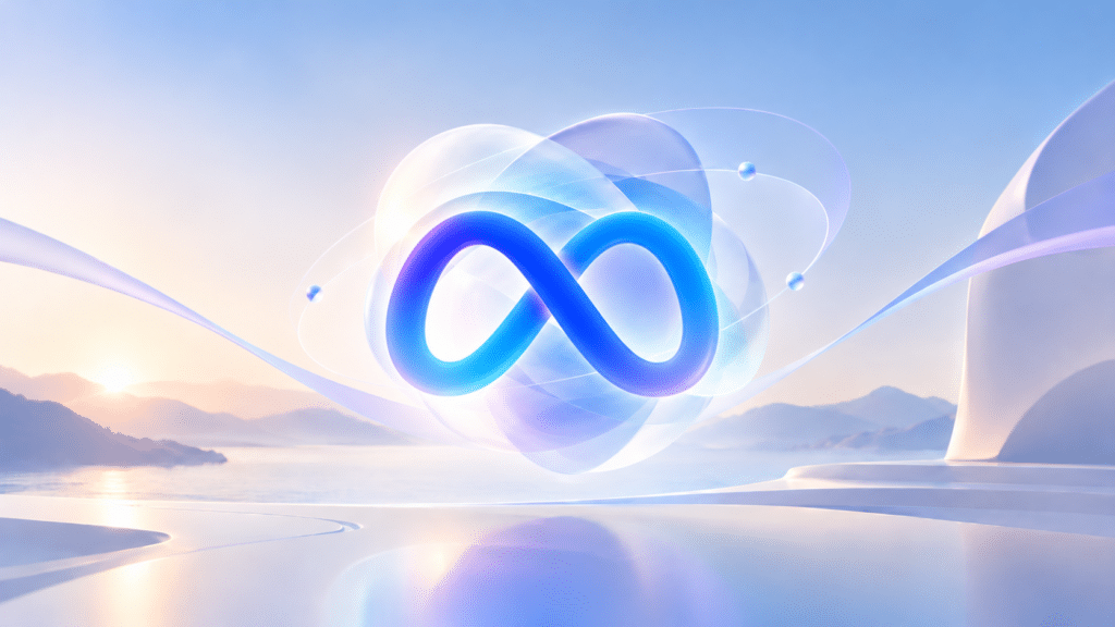 Meta-logo zweeft centraal in een rustige, futuristische omgeving met zachte blauwe en paarse tinten, transparante vormen en een dromerig landschap op de achtergrond.