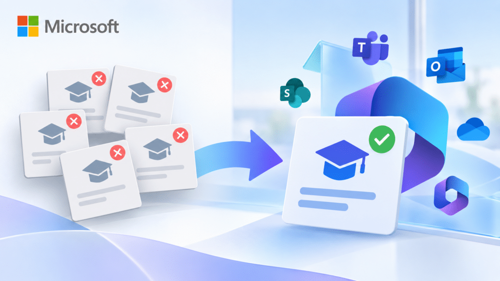 Illustratie van Microsoft-cursussen die stoppen en worden vervangen door nieuwe trainingen, met Microsoft-logo en gekleurde pijlen.