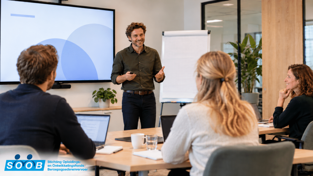 Docent geeft een training aan drie cursisten in een modern klaslokaal, met het SOOB-logo linksonder in beeld.