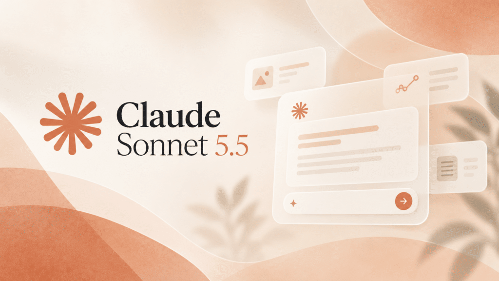 Claude Sonnet 5.5 met Claude-logo en een rustige AI-interface in de warme kleuren van Anthropic.