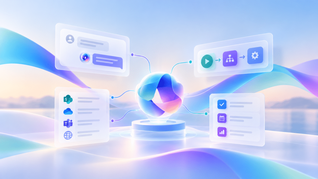 Illustratie van een AI-agent in Microsoft Copilot-stijl met gekoppelde panelen voor chat, automatisering, kennisbronnen en taken, als visuele weergave van AI-agents in Copilot Studio.