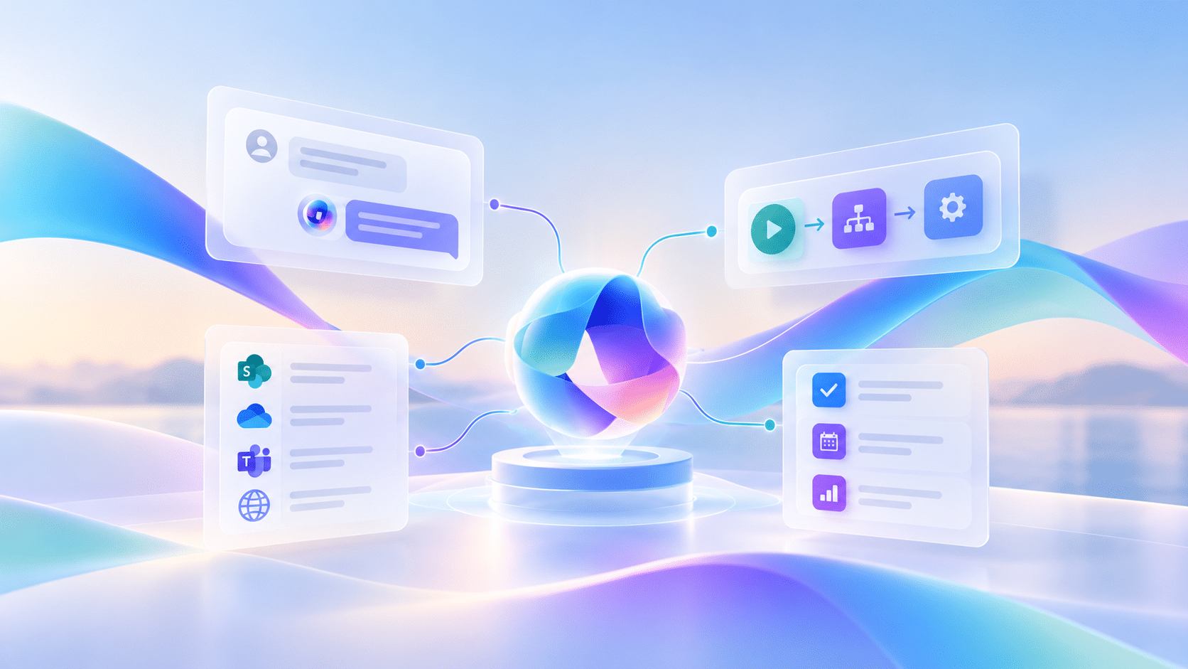 Illustratie van een AI-agent in Microsoft Copilot-stijl met gekoppelde panelen voor chat, automatisering, kennisbronnen en taken, als visuele weergave van AI-agents in Copilot Studio.