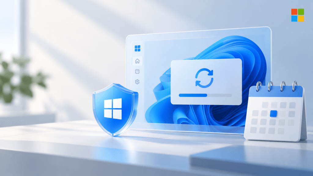 Microsoft Patch Tuesday met Windows-beveiligingsschild, updatevenster en kalender die de maandelijkse beveiligingsupdates illustreren.